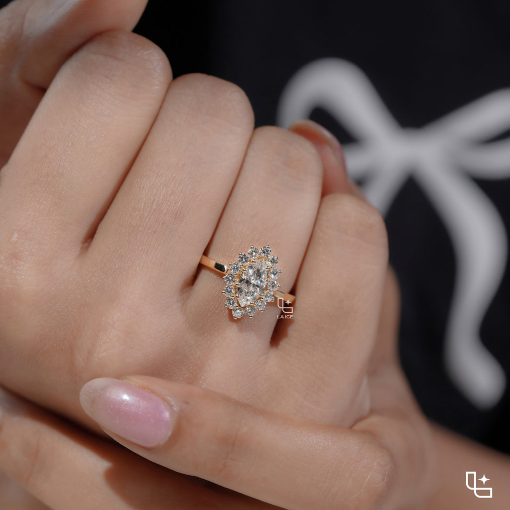 Marquise Halo Engagement Ring with Floral Inspired Diamond Accents