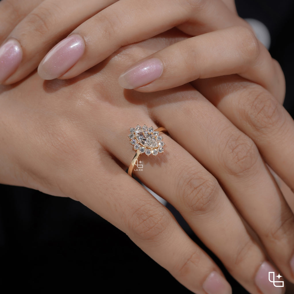 Marquise Halo Engagement Ring with Floral Inspired Diamond Accents