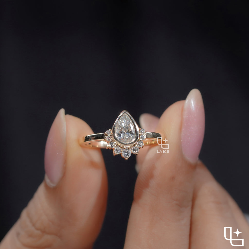 Pear Cut Halo Ring with Round Accent Stones, Elegant Cluster Engagement Ring
