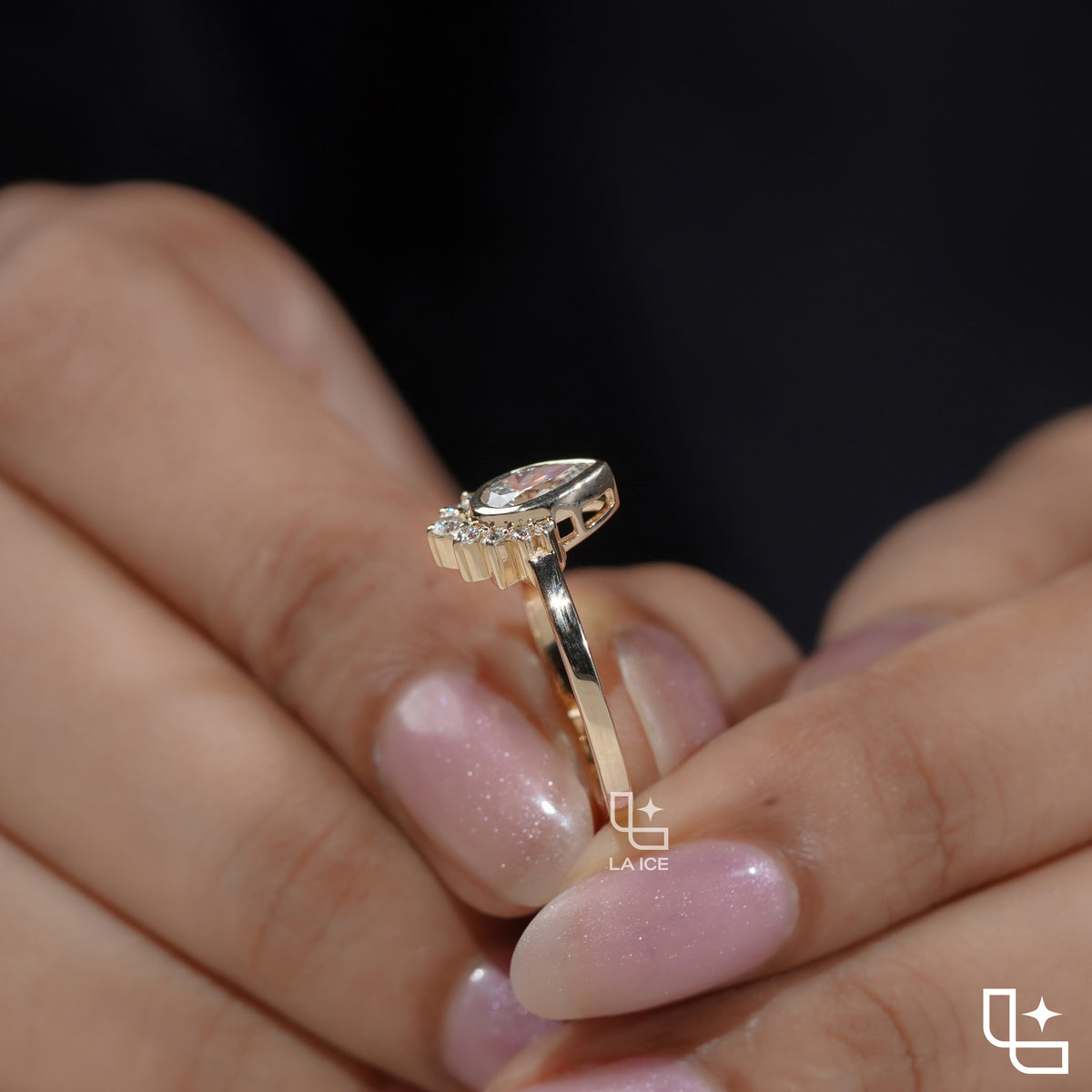 Pear Cut Halo Ring with Round Accent Stones, Elegant Cluster Engagement Ring