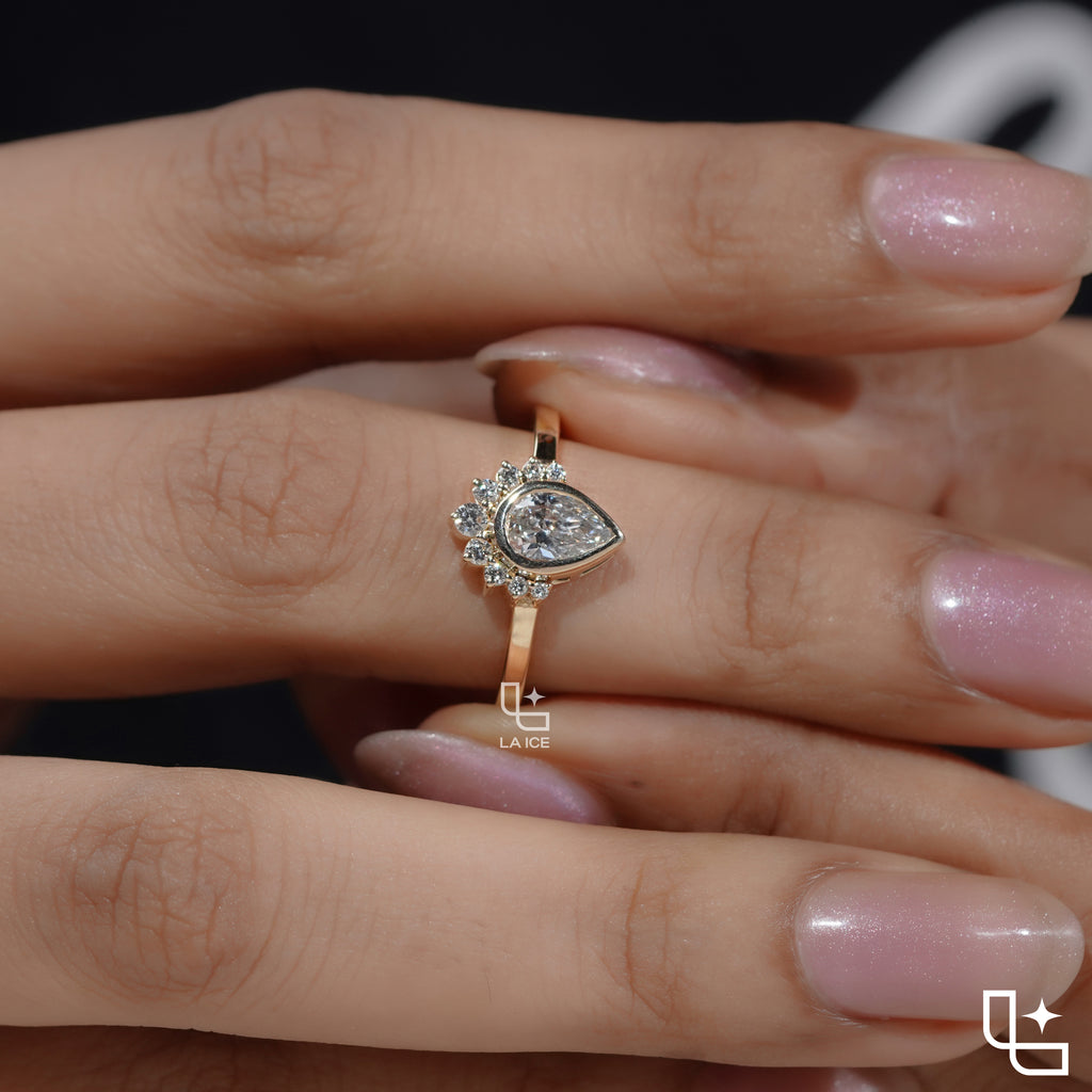 Pear Cut Halo Ring with Round Accent Stones, Elegant Cluster Engagement Ring