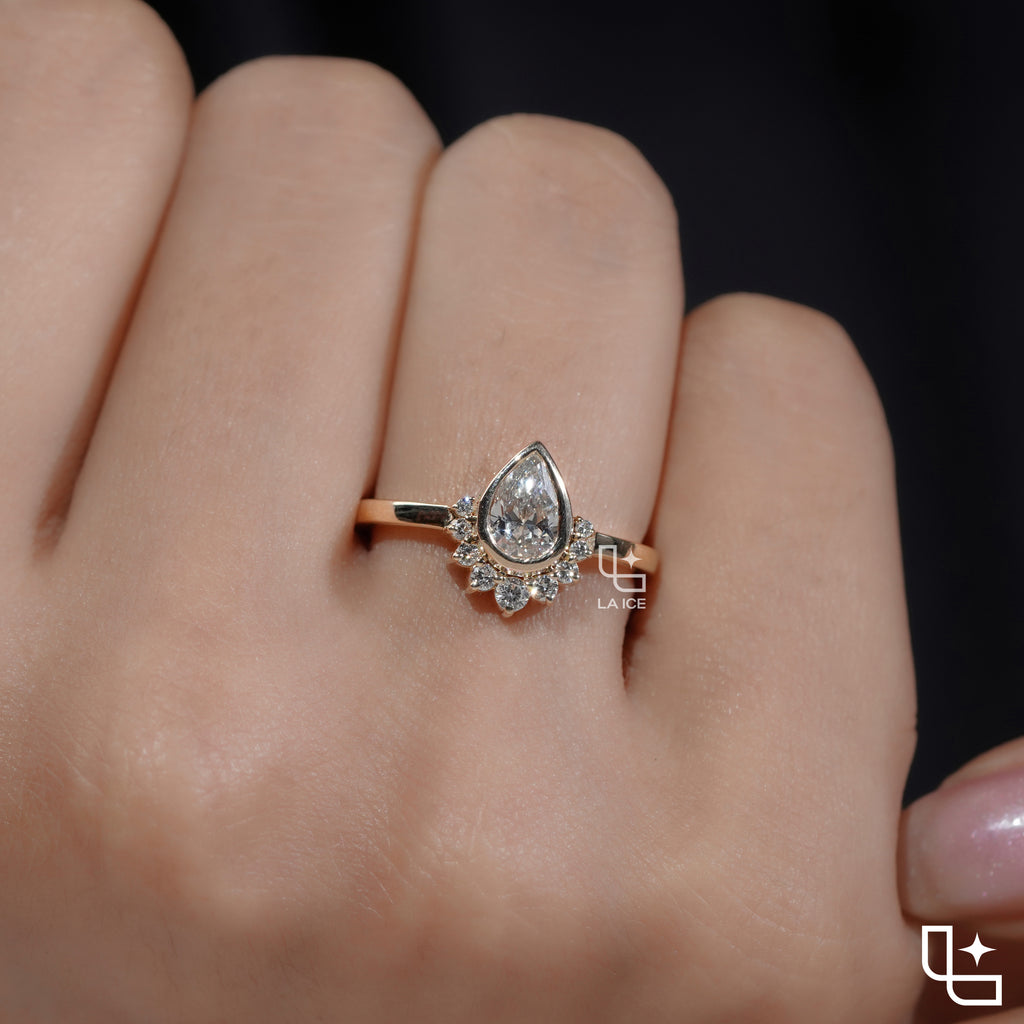 Pear Cut Halo Ring with Round Accent Stones, Elegant Cluster Engagement Ring