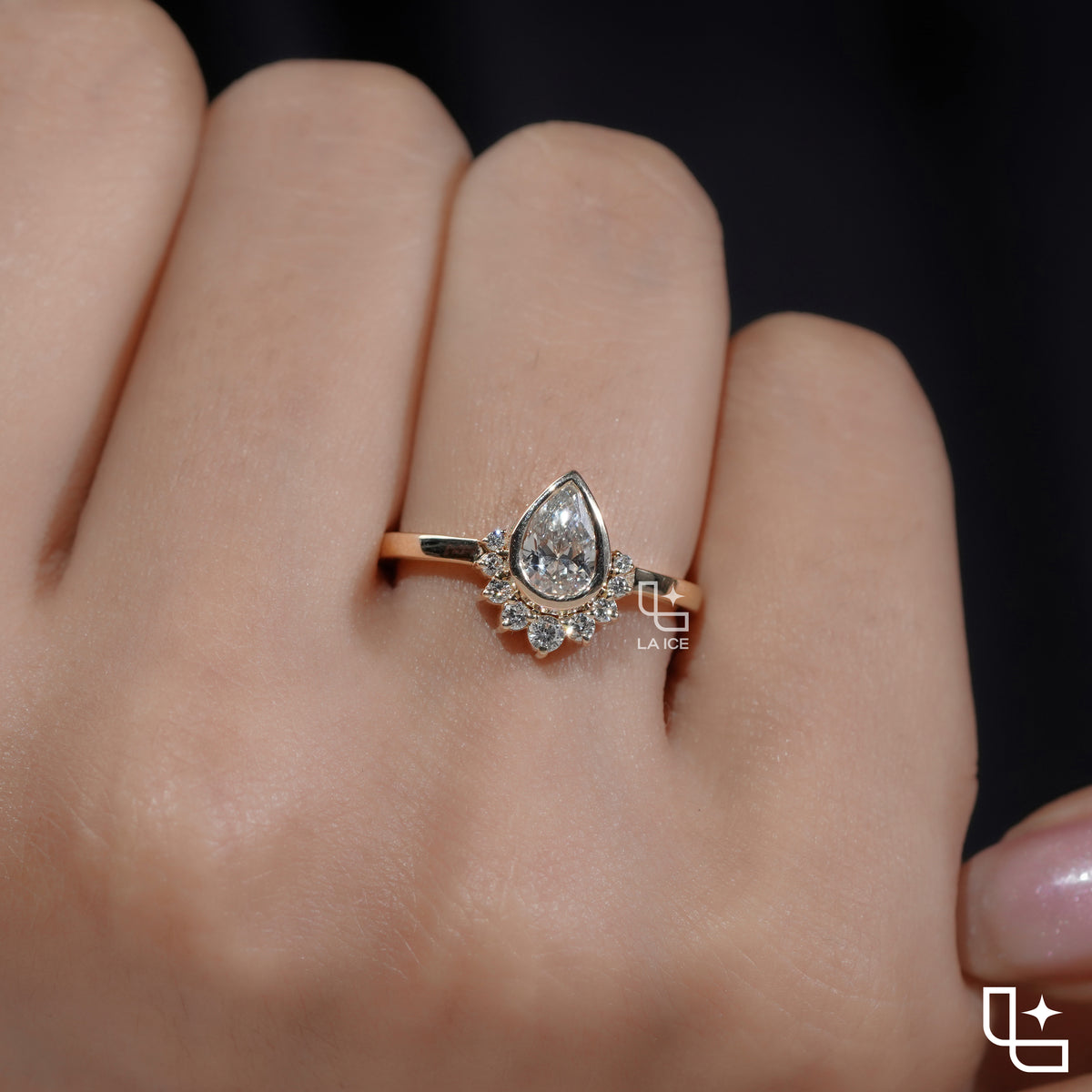 Pear Cut Halo Ring with Round Accent Stones, Elegant Cluster Engagement Ring