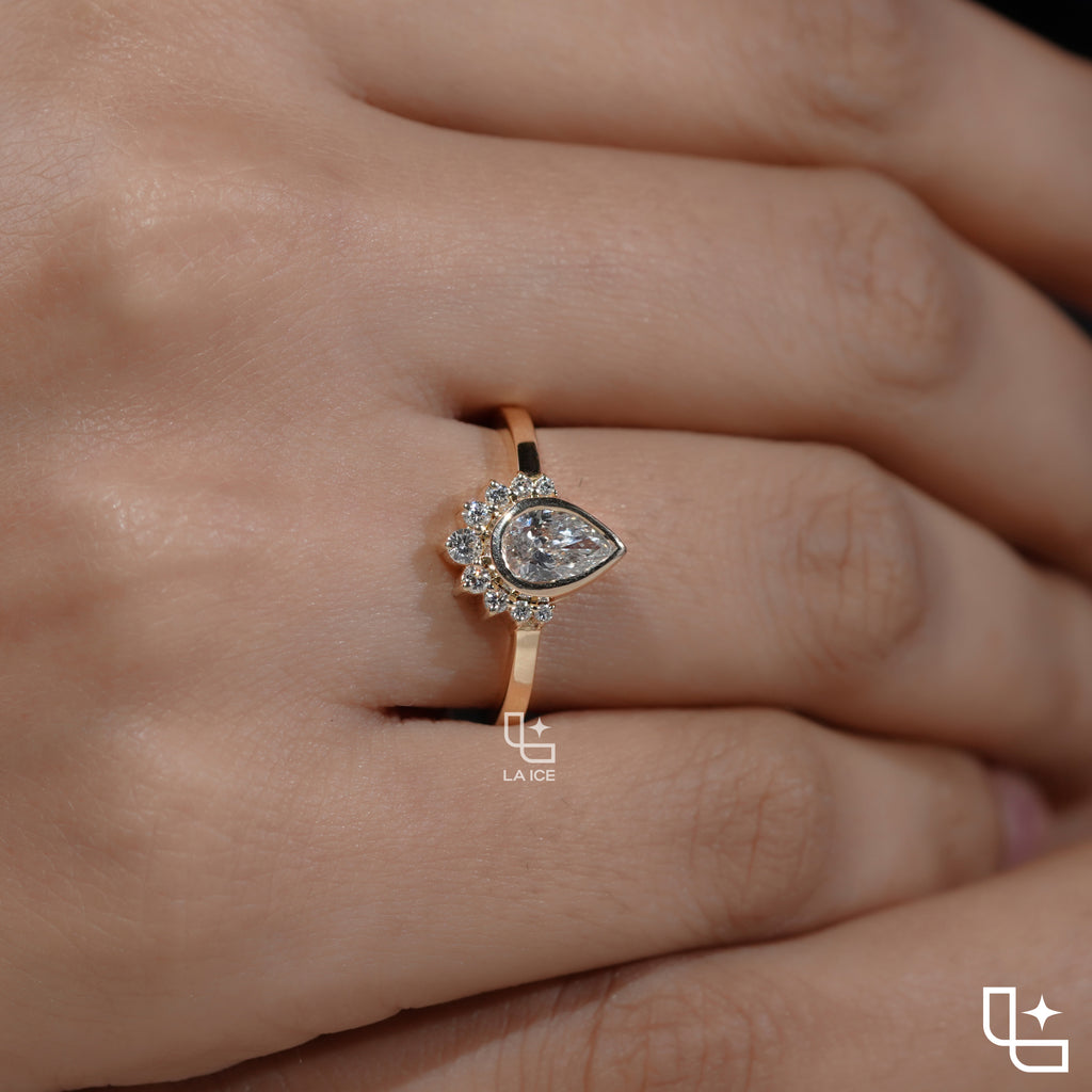 Pear Cut Halo Ring with Round Accent Stones, Elegant Cluster Engagement Ring