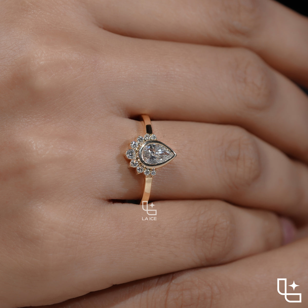 Pear Cut Halo Ring with Round Accent Stones, Elegant Cluster Engagement Ring