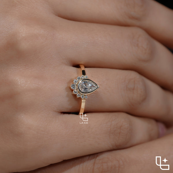 Pear Cut Halo Ring with Round Accent Stones, Elegant Cluster Engagement Ring