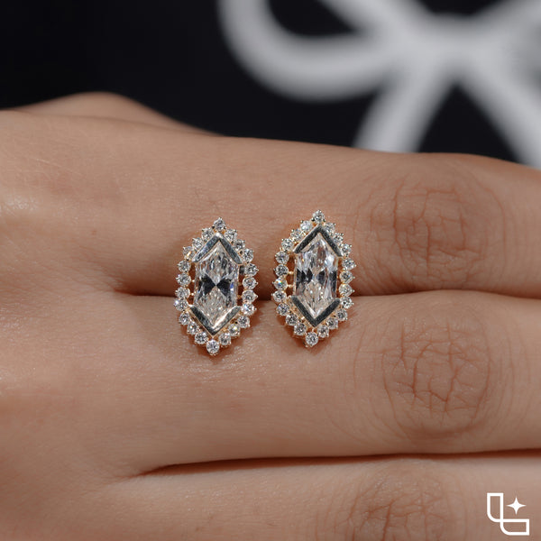 Elongated Hexagon Halo Stud Earrings with Geometric Center Stones and Round Accents, 2.00 CT Total Diamond Weight