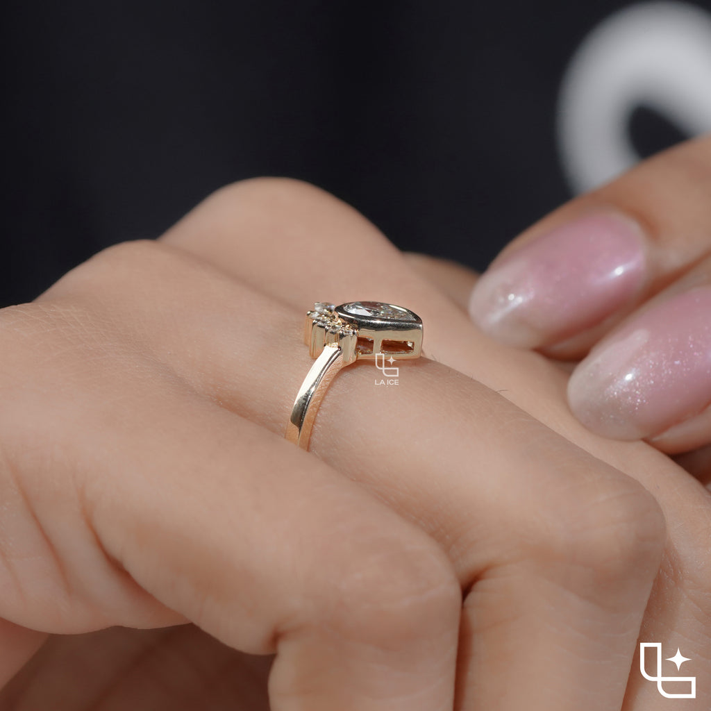 Pear Cut Halo Ring with Round Accent Stones, Elegant Cluster Engagement Ring