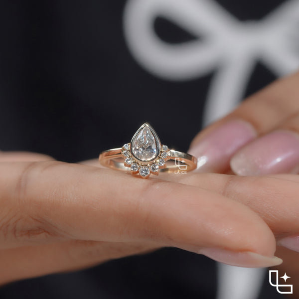 Pear Cut Halo Ring with Round Accent Stones, Elegant Cluster Engagement Ring