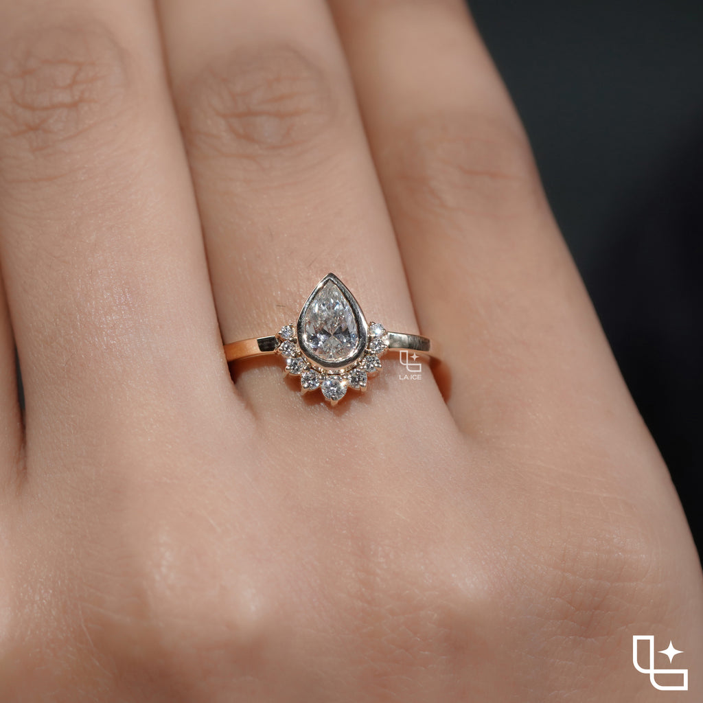Pear Cut Halo Ring with Round Accent Stones, Elegant Cluster Engagement Ring