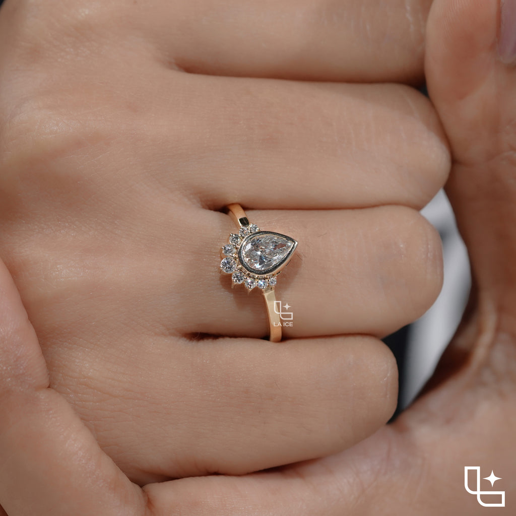 Pear Cut Halo Ring with Round Accent Stones, Elegant Cluster Engagement Ring