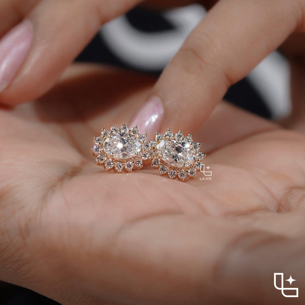 Oval Cut Halo Stud Earrings with Radiant Round Stone Accents, 2.00 CT Total Diamond Weight