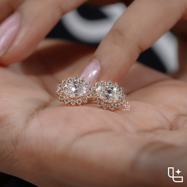 Oval Cut Halo Stud Earrings with Radiant Round Stone Accents, 2.00 CT Total Diamond Weight