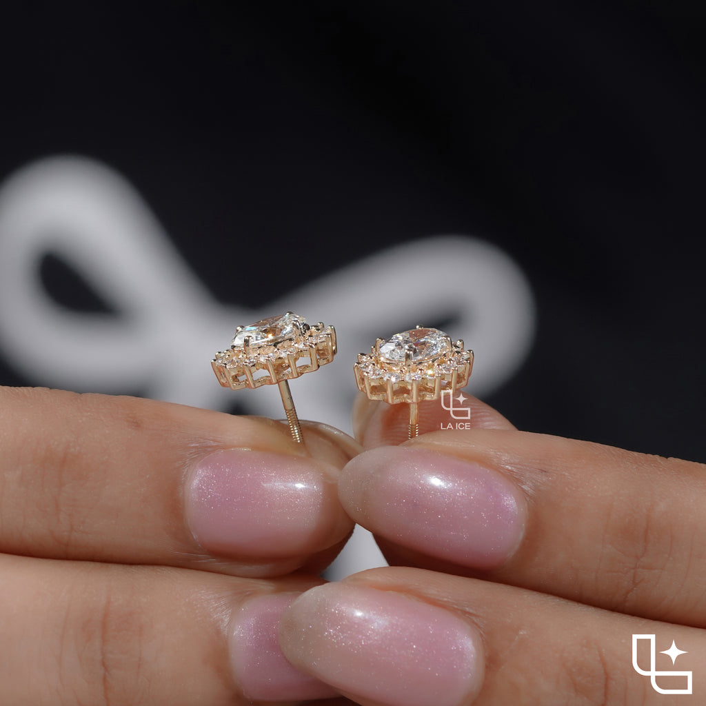 Oval Cut Halo Stud Earrings with Radiant Round Stone Accents, 2.00 CT Total Diamond Weight