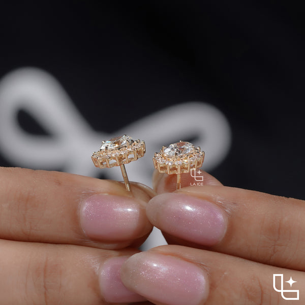 Oval Cut Halo Stud Earrings with Radiant Round Stone Accents, 2.00 CT Total Diamond Weight