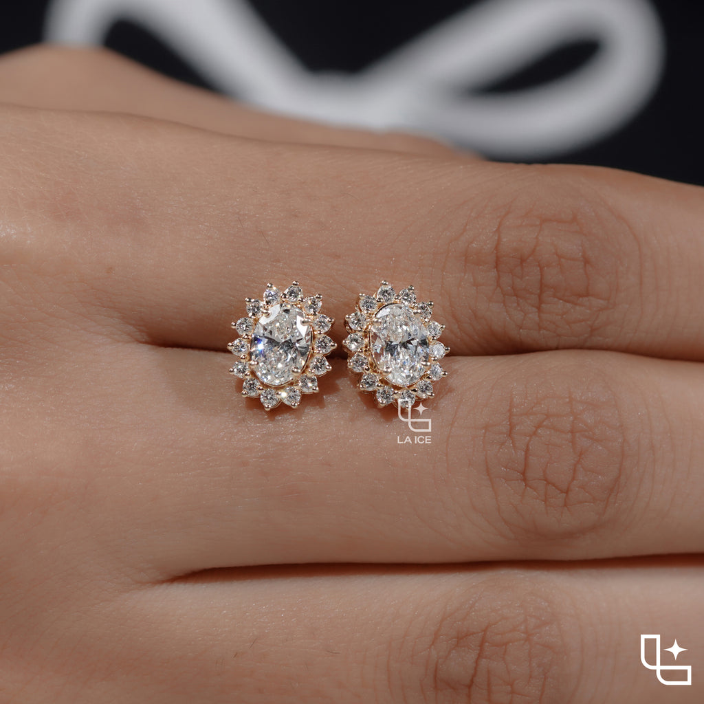 Oval Cut Halo Stud Earrings with Radiant Round Stone Accents, 2.00 CT Total Diamond Weight