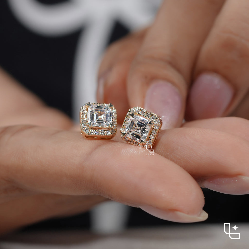 Asscher Cut Diamond Halo Stud Earrings, Square Diamond Stud Earrings, Square Step Cut Halo Stud Earrings with a Sparkling Round Stone Border, 2.00 CT Total Diamond Weight