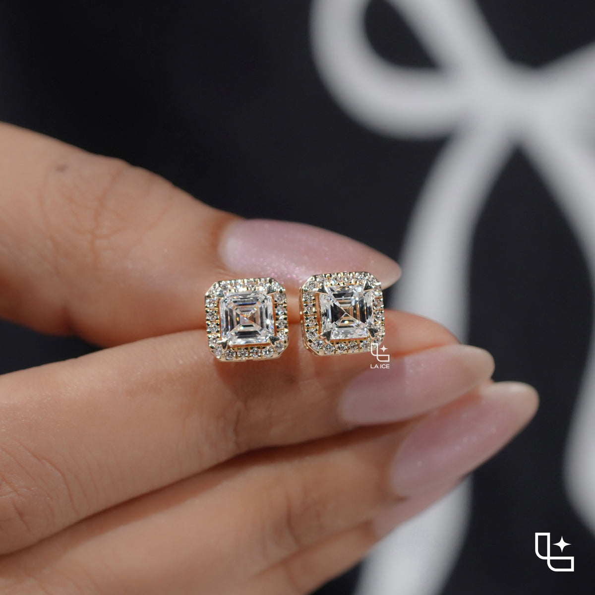 Asscher Cut Diamond Halo Stud Earrings, Square Diamond Stud Earrings, Square Step Cut Halo Stud Earrings with a Sparkling Round Stone Border, 2.00 CT Total Diamond Weight