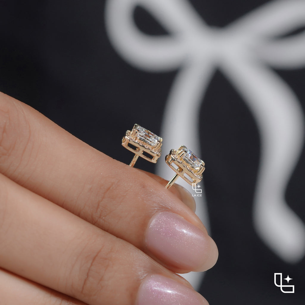 Asscher Cut Diamond Halo Stud Earrings, Square Diamond Stud Earrings, Square Step Cut Halo Stud Earrings with a Sparkling Round Stone Border, 2.00 CT Total Diamond Weight