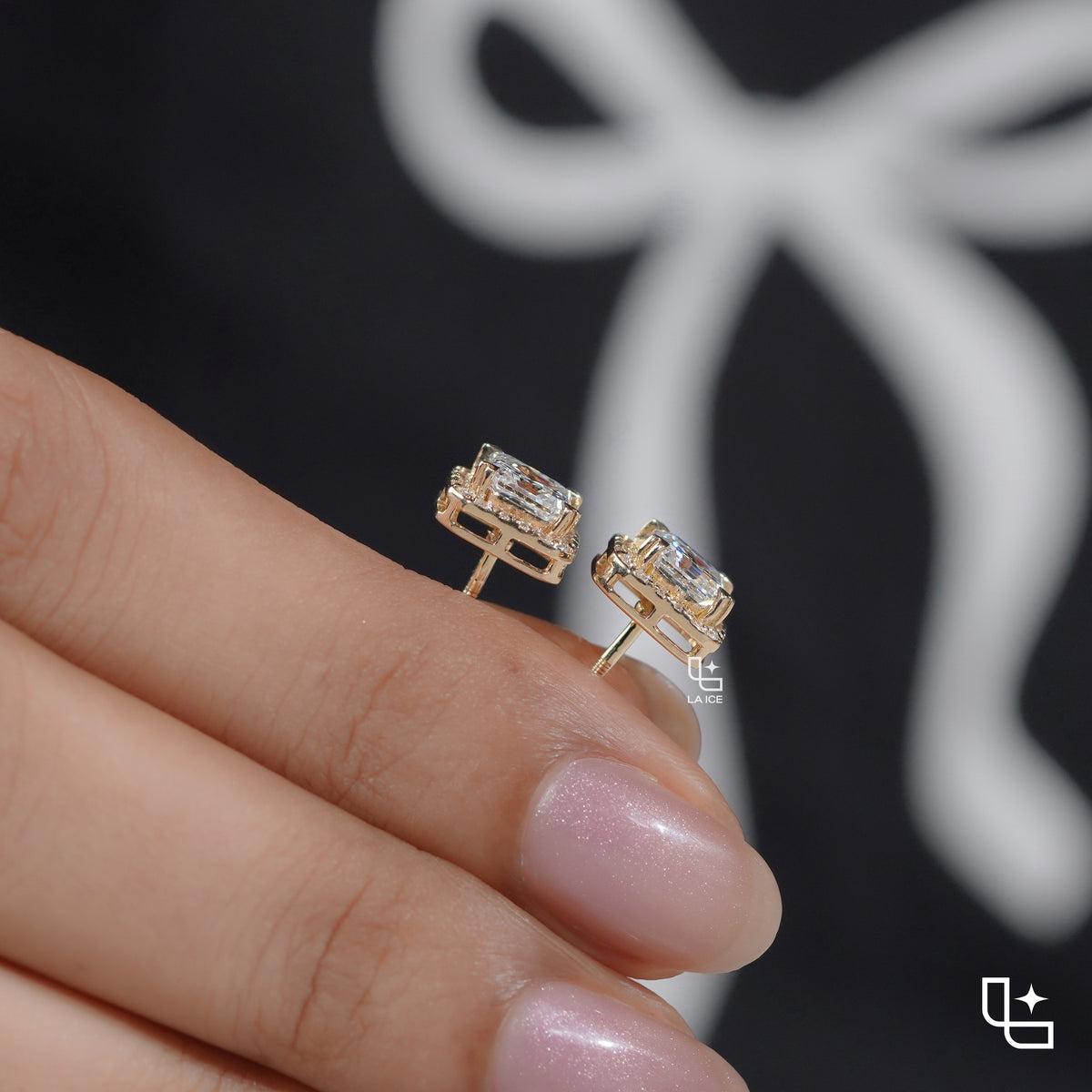 Asscher Cut Diamond Halo Stud Earrings, Square Diamond Stud Earrings, Square Step Cut Halo Stud Earrings with a Sparkling Round Stone Border, 2.00 CT Total Diamond Weight