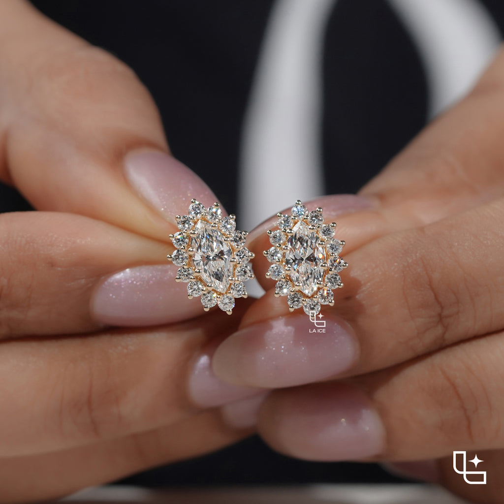 Oval Cut Halo Stud Earrings with Round Stone Sunburst Design, 2.00 CT Total Diamond Weight