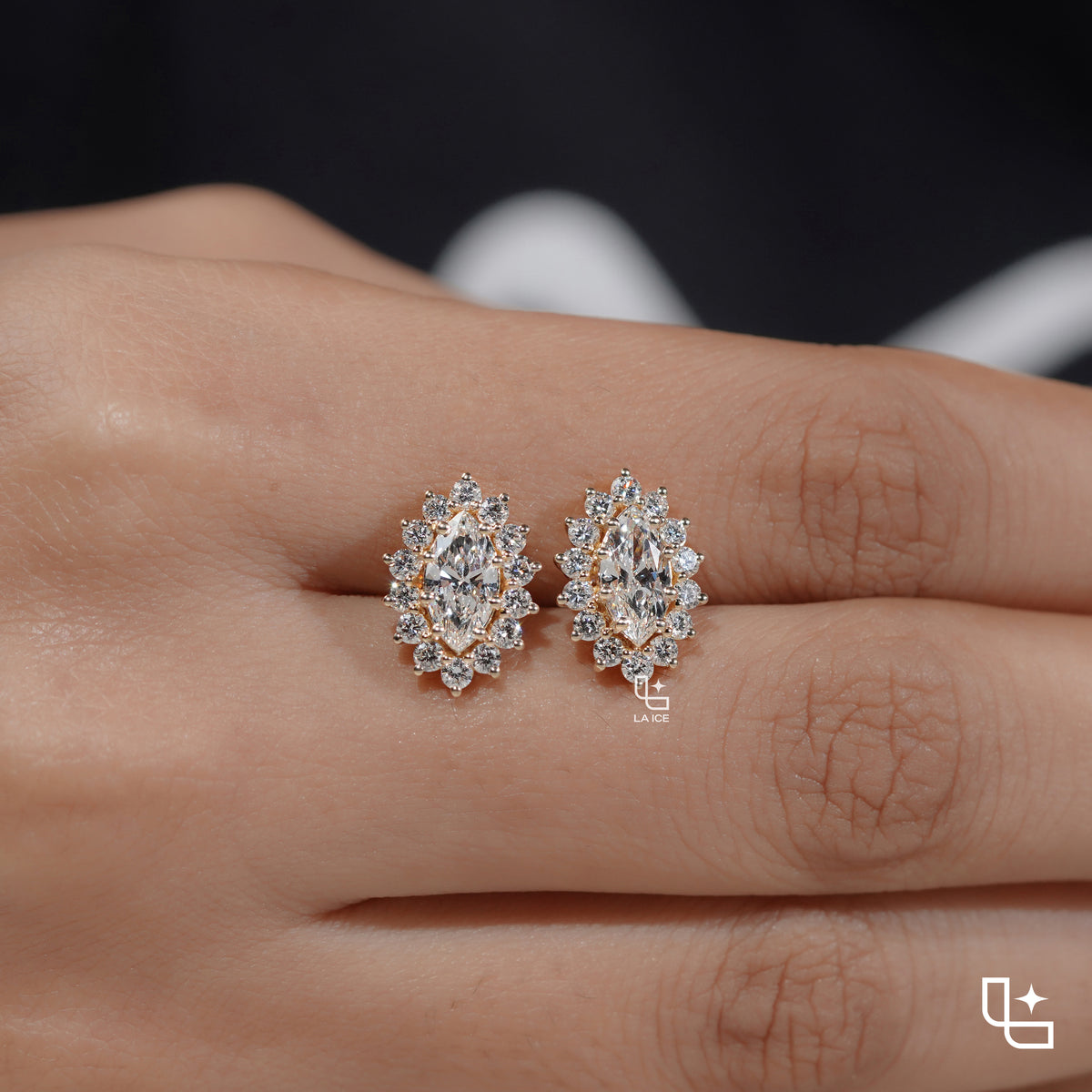Oval Cut Halo Stud Earrings with Round Stone Sunburst Design, 2.00 CT Total Diamond Weight