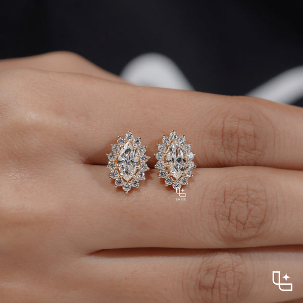 Oval Cut Halo Stud Earrings with Round Stone Sunburst Design, 2.00 CT Total Diamond Weight