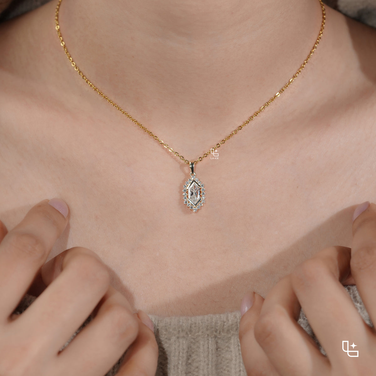 Marquise Halo Pendant Necklace with Dainty Chain