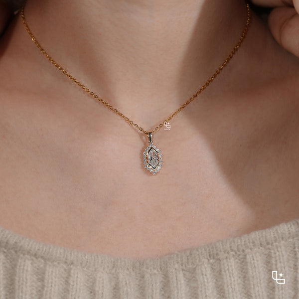 Marquise Halo Pendant Necklace with Dainty Chain