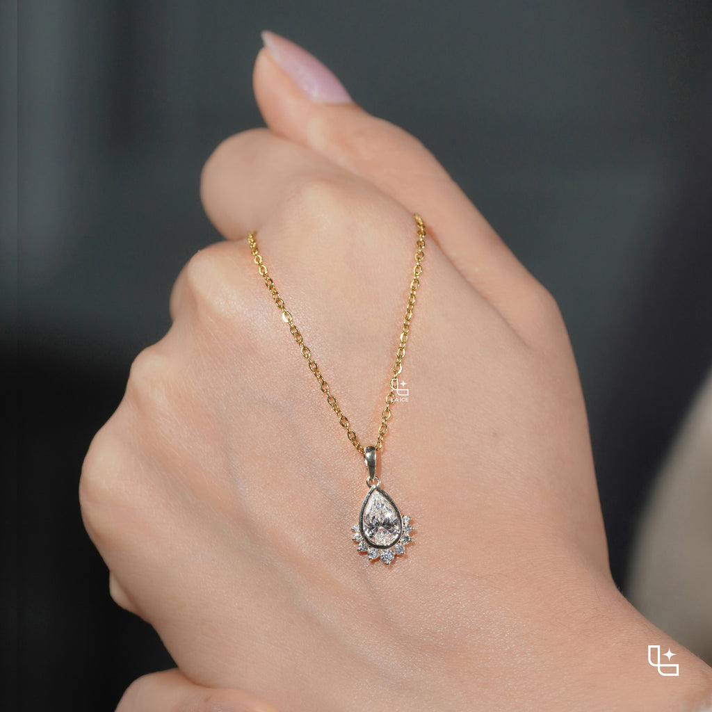 Pear Cut Halo Pendant Necklace with Delicate Chain