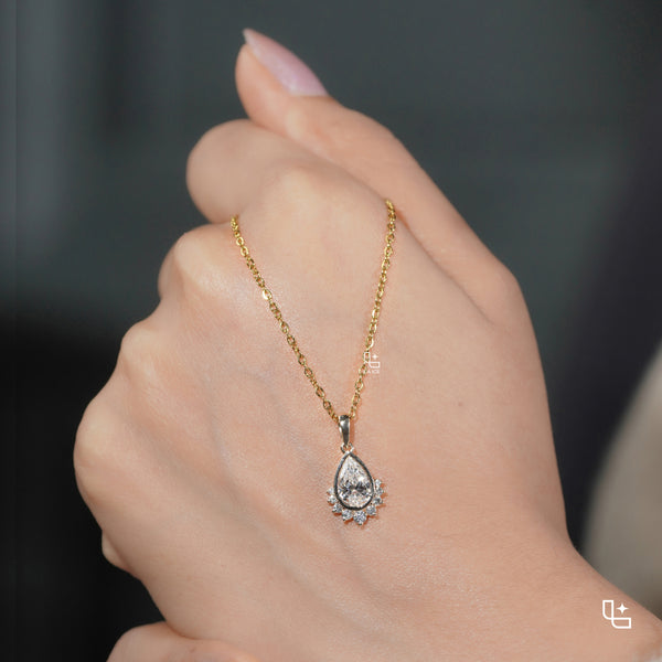 Pear Cut Halo Pendant Necklace with Delicate Chain