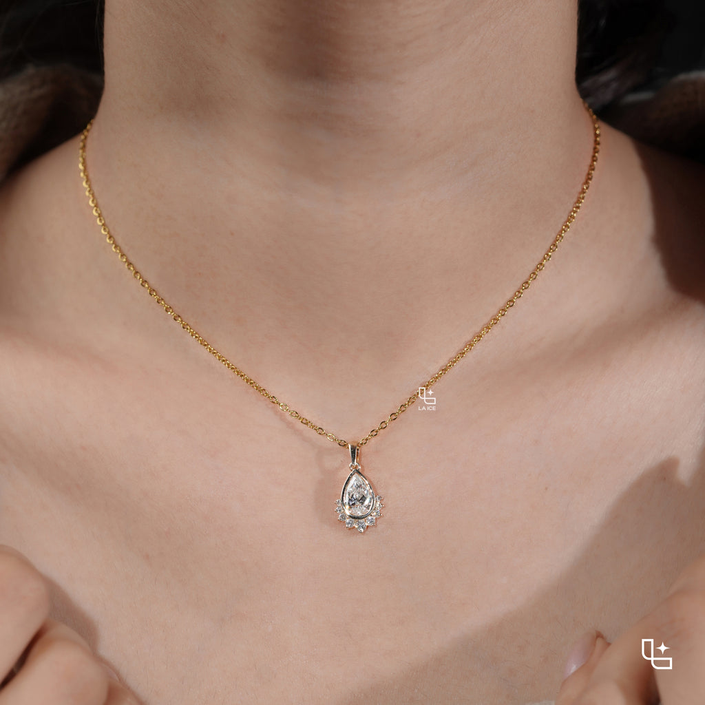 Pear Cut Halo Pendant Necklace with Delicate Chain