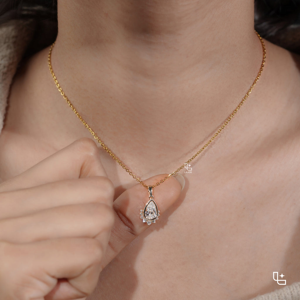 Pear Cut Halo Pendant Necklace with Delicate Chain