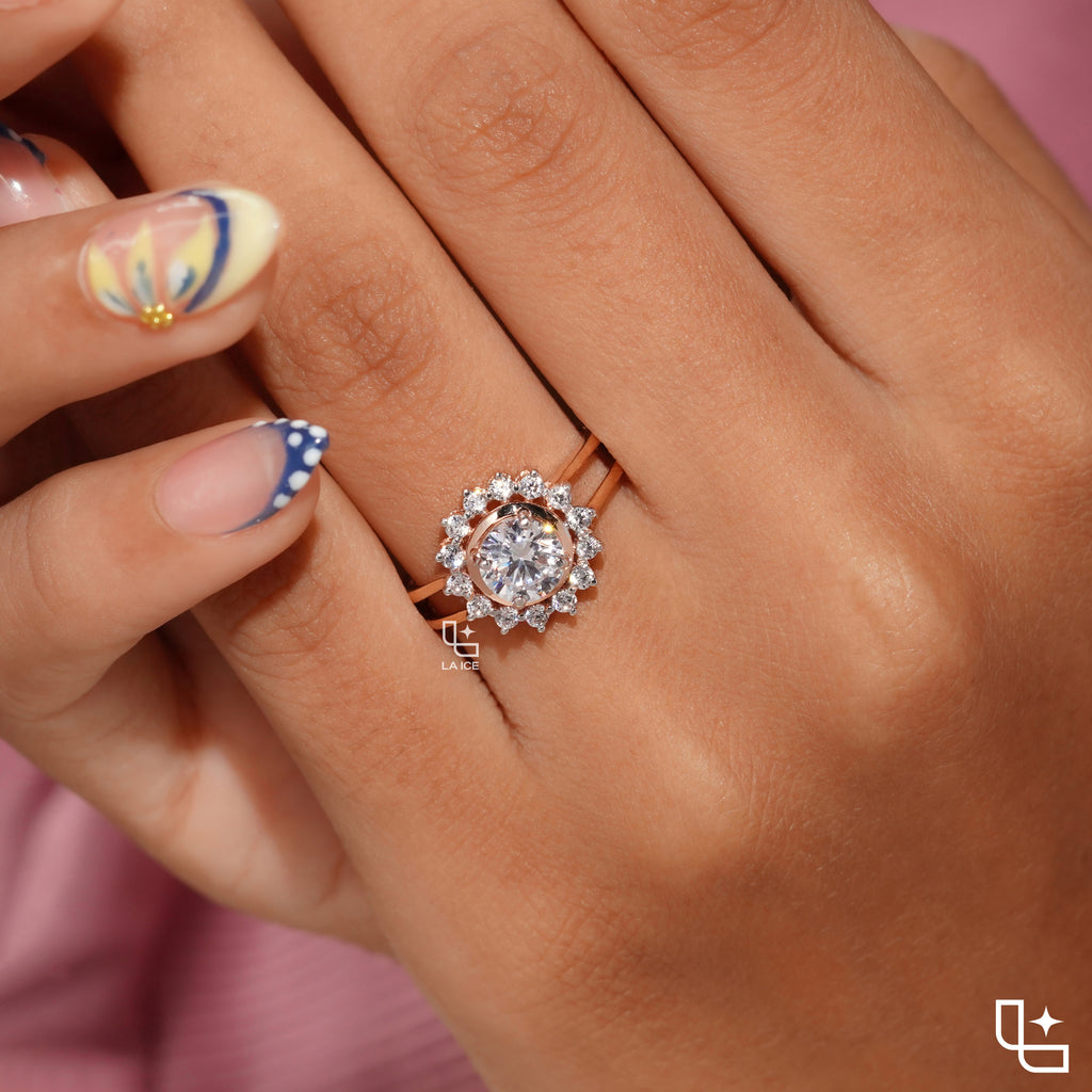 Round Cut Halo Engagement Ring with Sparkling Accent Stones