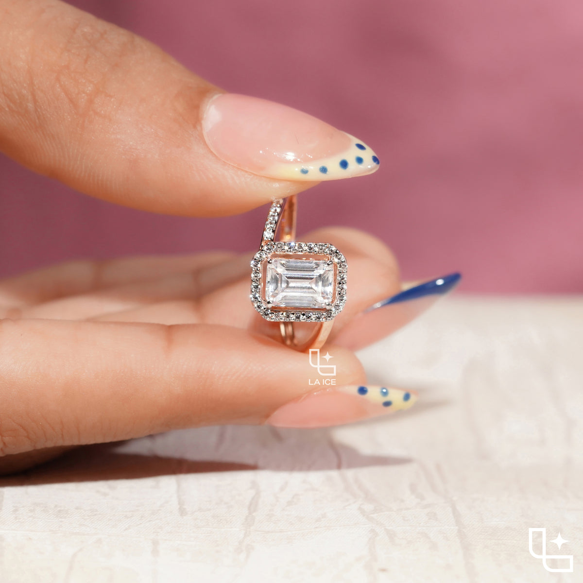 Emerald Cut Halo Engagement Ring with Pavé Accent Band