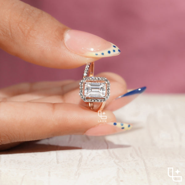 Emerald Cut Halo Engagement Ring with Pavé Accent Band