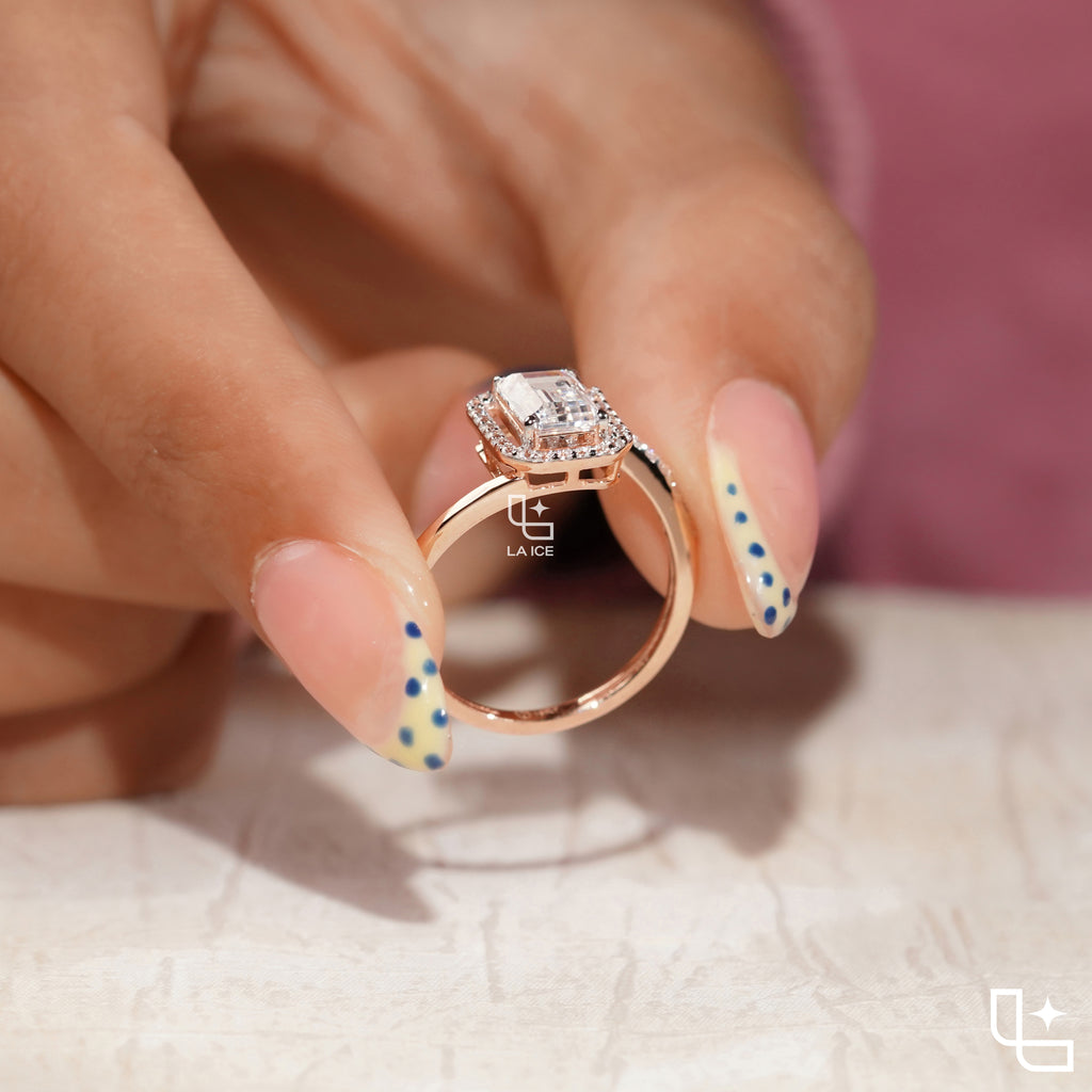 Emerald Cut Halo Engagement Ring with Pavé Accent Band