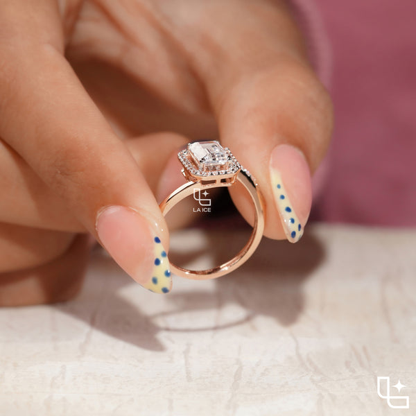 Emerald Cut Halo Engagement Ring with Pavé Accent Band