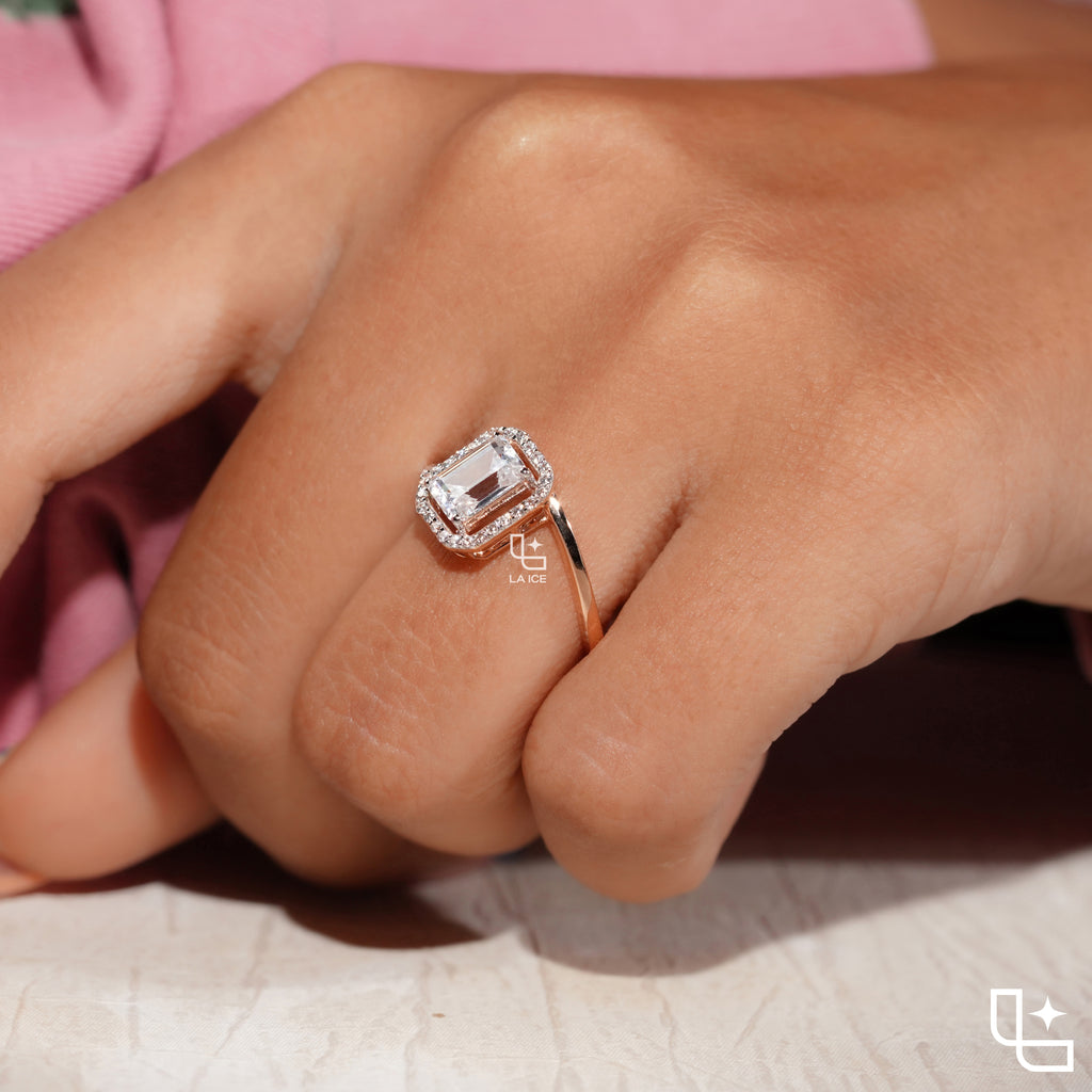 Emerald Cut Halo Engagement Ring with Pavé Accent Band