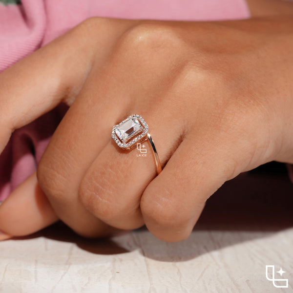 Emerald Cut Halo Engagement Ring with Pavé Accent Band