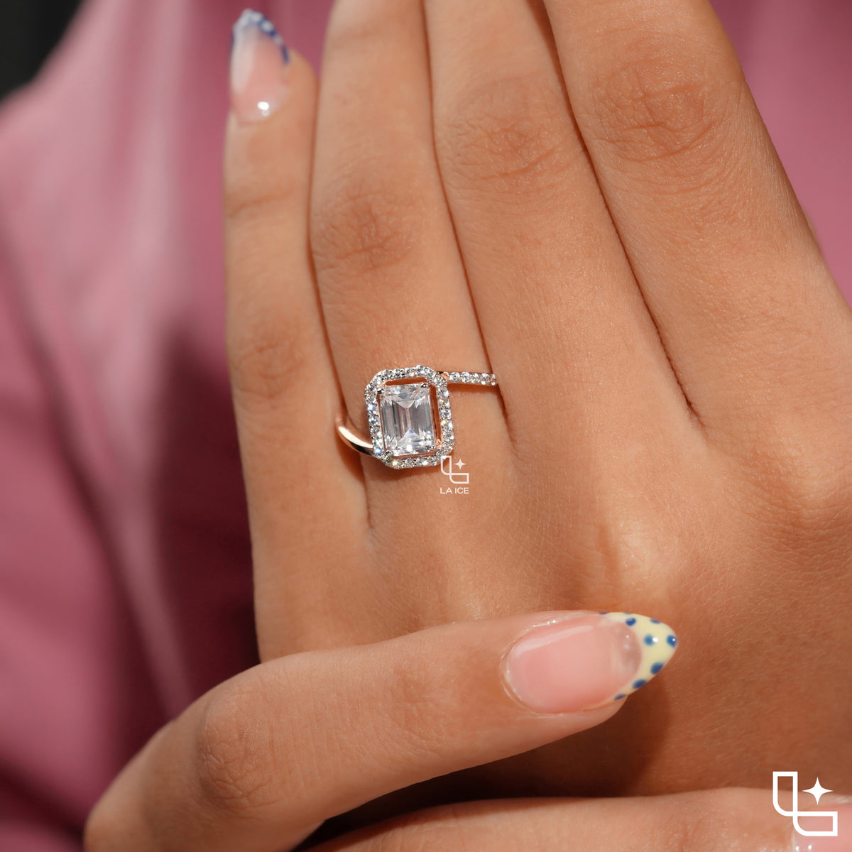 Emerald Cut Halo Engagement Ring with Pavé Accent Band