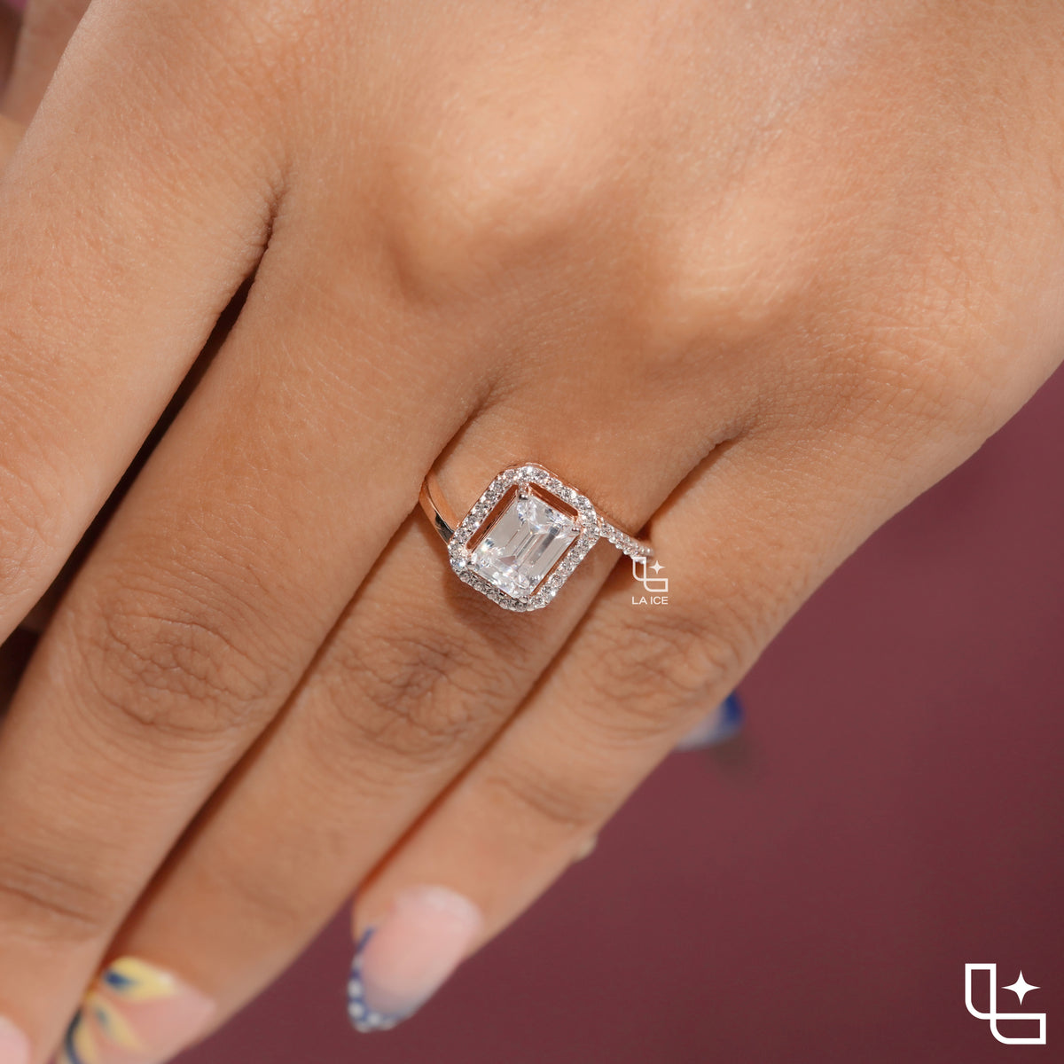 Emerald Cut Halo Engagement Ring with Pavé Accent Band