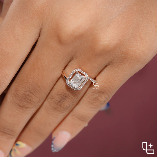 Emerald Cut Halo Engagement Ring with Pavé Accent Band