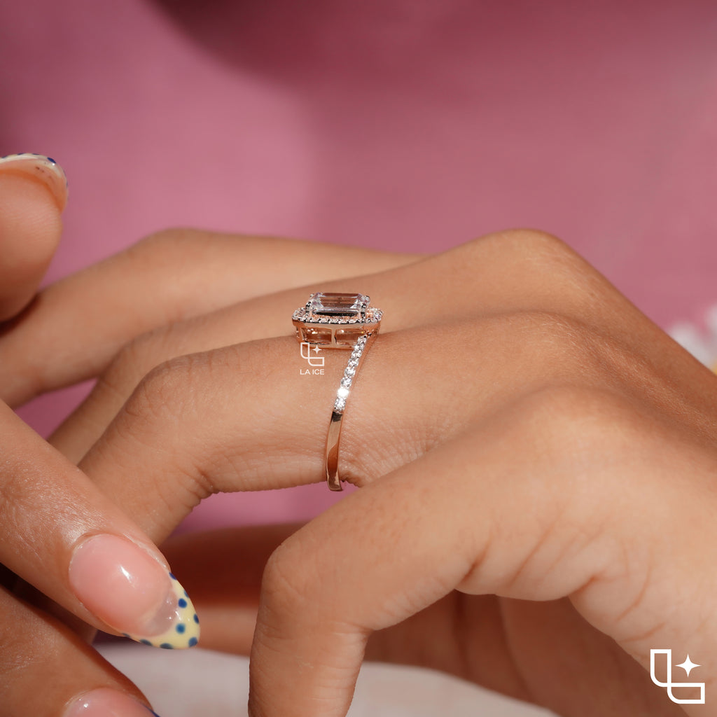 Emerald Cut Halo Engagement Ring with Pavé Accent Band