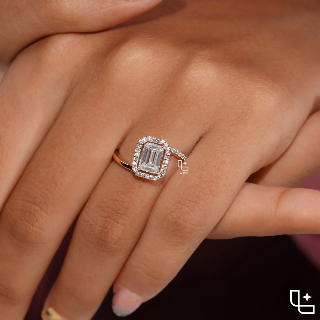 Emerald Cut Halo Engagement Ring with Pavé Accent Band