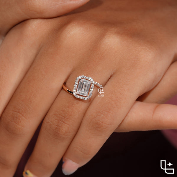 Emerald Cut Halo Engagement Ring with Pavé Accent Band