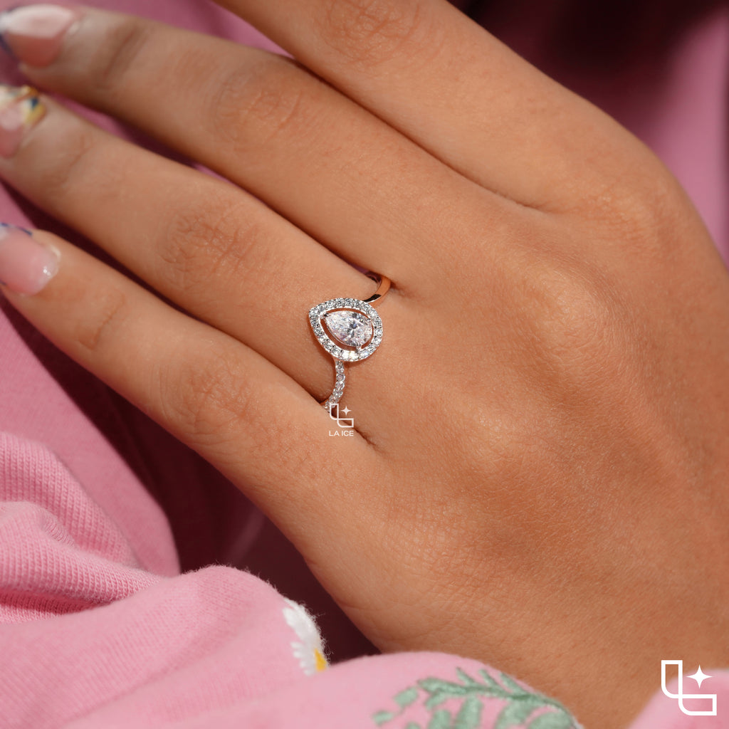 Pear Cut Halo Engagement Ring with Curved Band and Pavé Accent Stones
