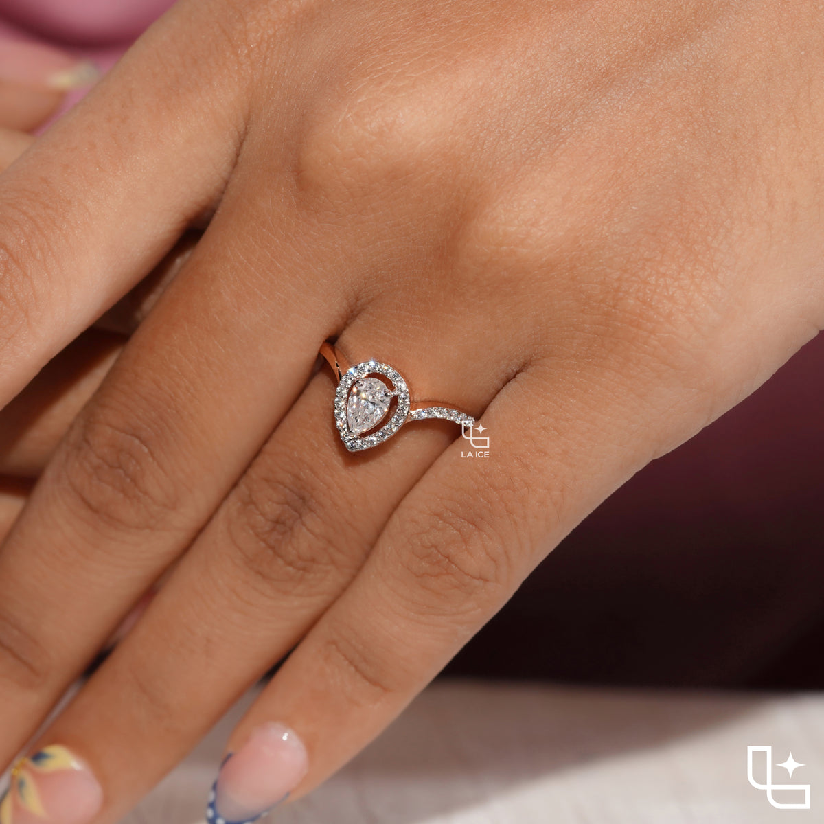 Pear Cut Halo Engagement Ring with Curved Band and Pavé Accent Stones
