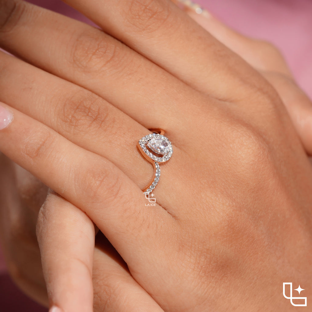 Pear Cut Halo Engagement Ring with Curved Band and Pavé Accent Stones