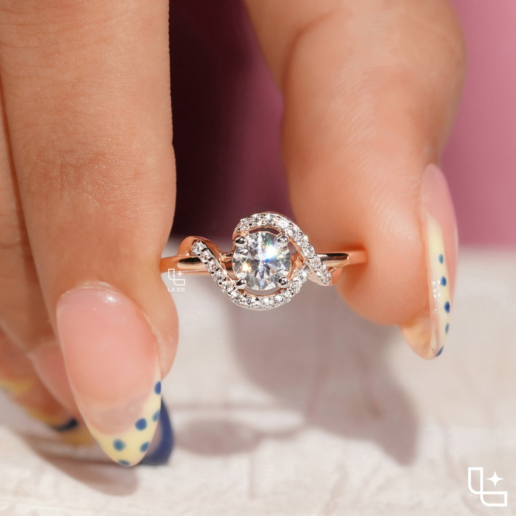 Round Cut Asymmetrical Halo Engagement Ring with Curved Accent Band